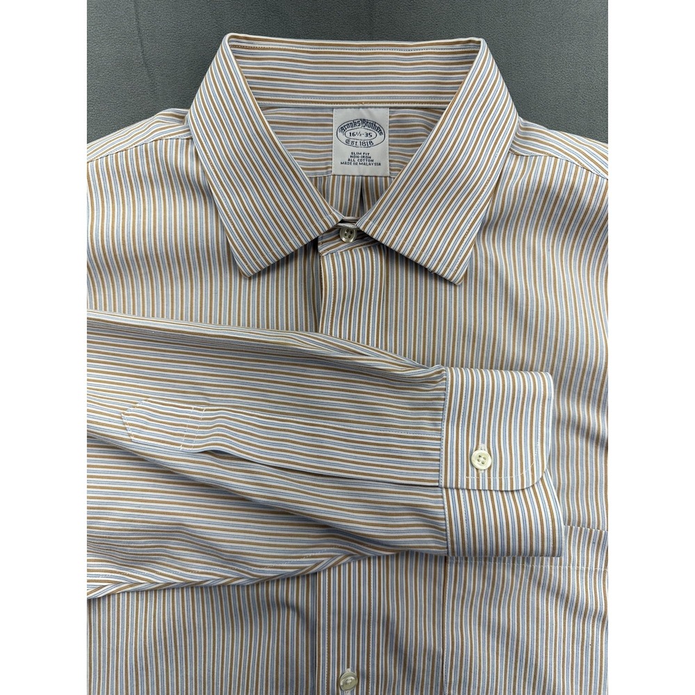 Brooks Brothers Shirt Mens 16.5 35 Stripe Slim Fit Non Iron Long Sleeve Blue